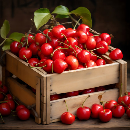 Acerolas in wooden crate. Fresh Acerolasの素材