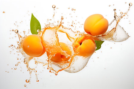 Apricot with water splashing on white backgroundの素材