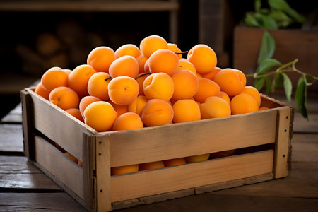 Apricots in wooden crate. Fresh Apricotsの素材