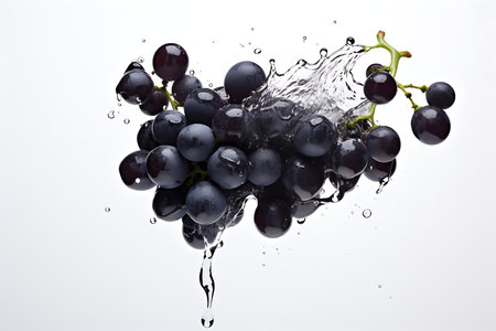 Black grapes with water splashing on white backgroundの素材