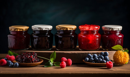 Assortment of jams in glass jars on wooden background.の素材