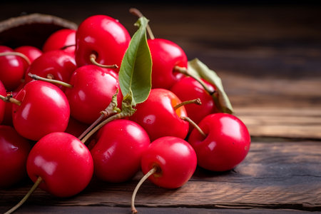 Fresh Acerola fruits. Ripe Acerolas on wooden backgroundの素材