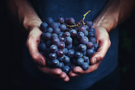Fresh Blue grapes fruits. Ripe Blue grapes in handの素材