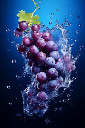 Blue grapes and splash of water. Fresh Blue grapesの素材