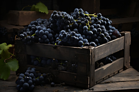 Fresh ripe Black grapess in wooden crateの素材