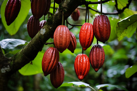 Cacao hanging on a tree. Cacao in the orchardの素材