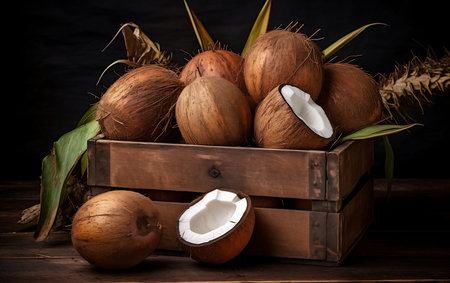 Fresh Coconuts in wooden crateの素材