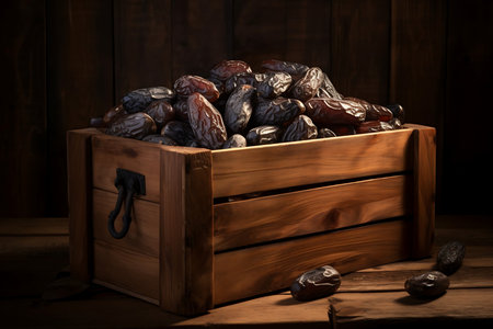 Dates in wooden crate. Fresh Datesの素材