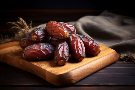 Fresh Date fruits. Ripe Dates on wooden backgroundの素材