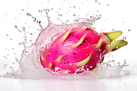 Fresh Dragon Fruit and splash of water on white backgroundの素材
