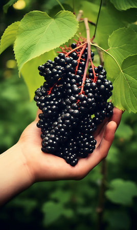 Fresh Elderberry fruits. Ripe Elderberry in handの素材
