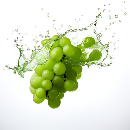 Green grapes and splash of water on white backgroundの素材
