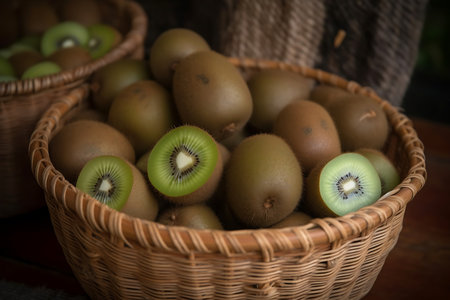 Fresh Kiwis in a basket. Ripe Kiwi fruitの素材