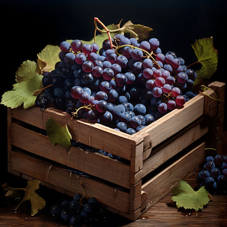 Fresh ripe Grapess in wooden crateの素材