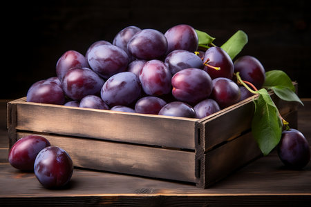 Fresh Plums in wooden crateの素材