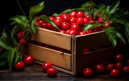 Fresh Acerolas in wooden crateの素材