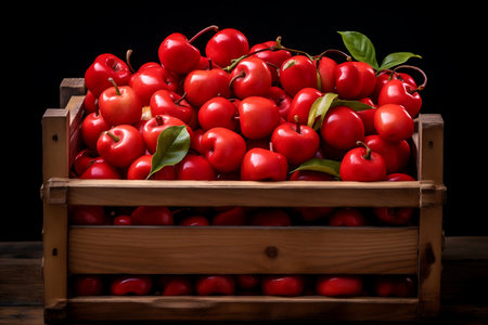 Acerolas in wooden crate. Fresh Acerolasの素材