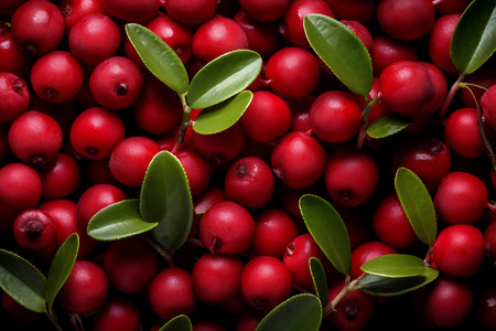Cranberries with green leaves on a dark background. Top view.の素材