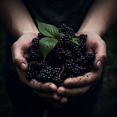 Fresh Elderberry fruits. Ripe Elderberry in handの素材