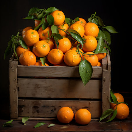 Fresh ripe Oranges in wooden crateの素材