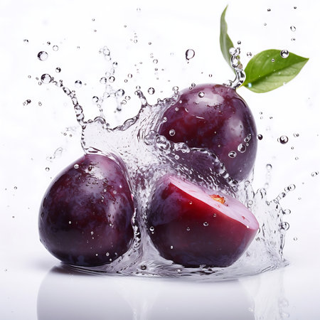 Fresh Damson Plum and splash of water on white backgroundの素材