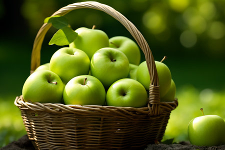 Fresh Green apples in a basket. Ripe Green apple fruitの素材