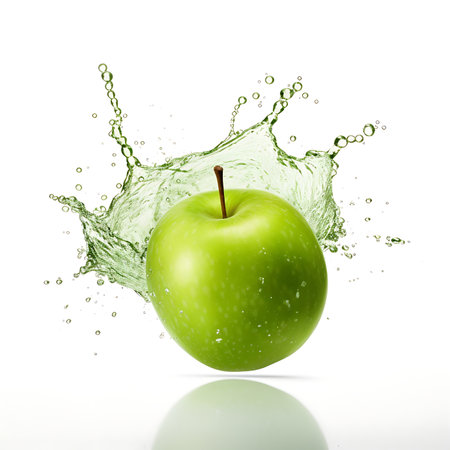 Fresh Green apple and splash of water on white backgroundの素材