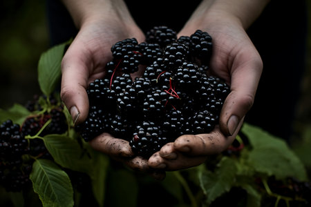 Fresh Elderberry. Hand holding Elderberry fruitsの素材