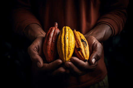 Fresh Cacao fruits. Ripe Cacao in handの素材