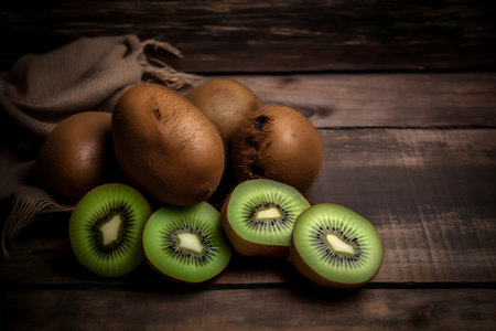 Fresh Kiwi fruits. Ripe Kiwis on wooden backgroundの素材