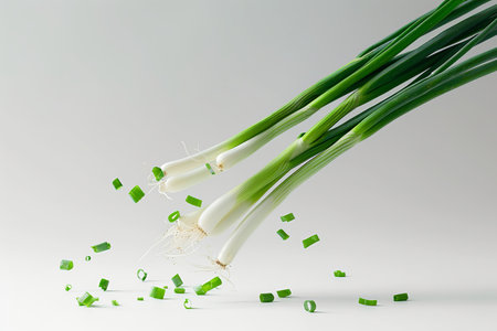 Cut green onion falling on a gray backgroundの素材