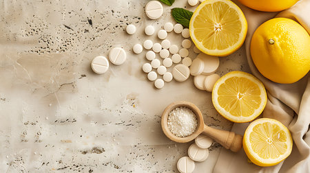 Composition with pills and fresh lemon on grey backgroundの素材