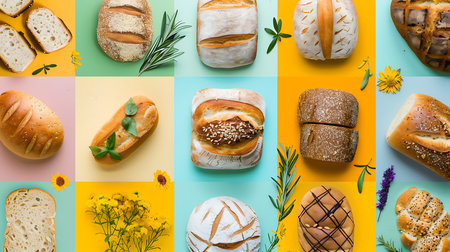 Different types of fresh bread and bun on colorful backgroundの素材