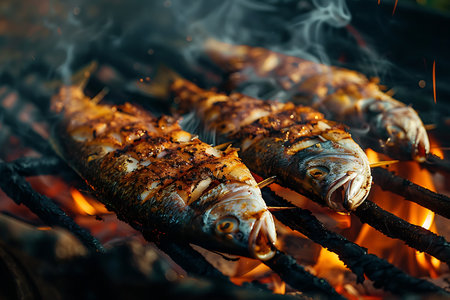 Grilled fish on the grill. Closeupの素材