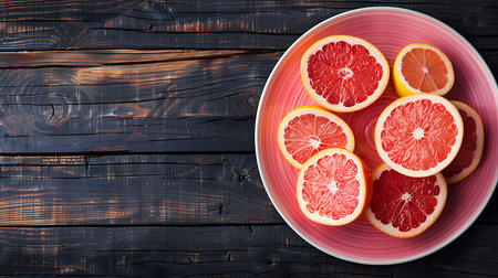 Grapefruit on a plate on a wooden background, top viewの素材