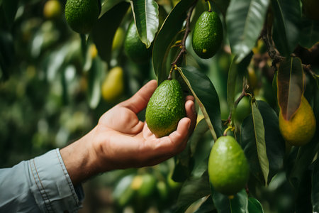 Hand picking ripe Avocado from Avocado orchardの素材