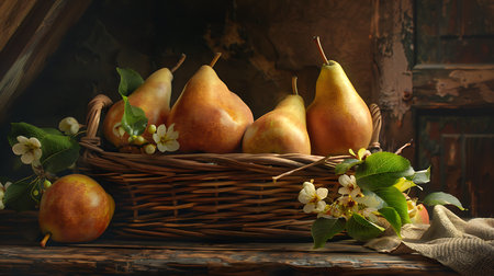 Ripe pears in a wicker basket on a rustic backgroundの素材