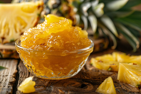 Pineapple jam in a glass bowl on a wooden backgroundの素材
