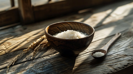 Rice in a wooden bowl on a rustic wooden background.の素材