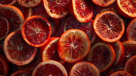 Slices of red and orange fruit as backgroundの素材