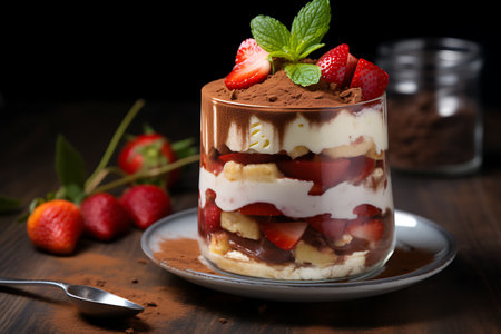 Tiramisu dessert in a glass with strawberries and mint on dark backgroundの素材