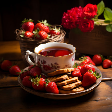 Strawberries in a bowl with cookies and cup of teaの素材