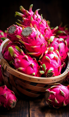 Dragon Fruits on wooden background. Fresh Dragon Fruit fruitsの素材