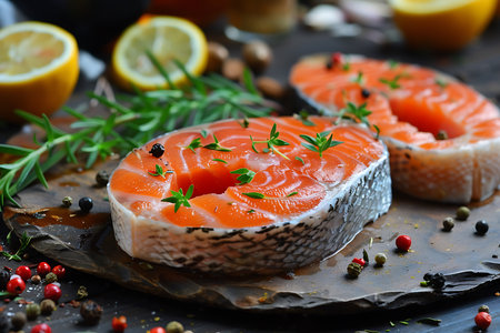 Raw salmon steaks with spices and herbs on grey backgroundの素材