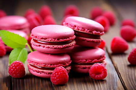 Raspberry macarons on grey wooden backgroundの素材