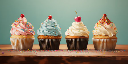 Cupcakes with colorful cream and cherryの素材