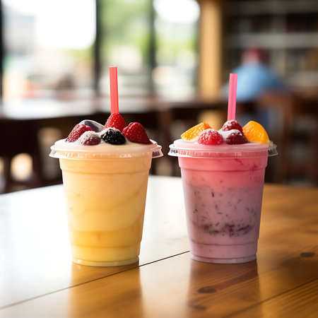 Sweet smoothie in plastic cups on wooden tableの素材