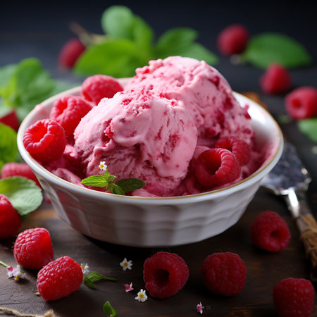 Raspberry ice cream with mint leavesの素材