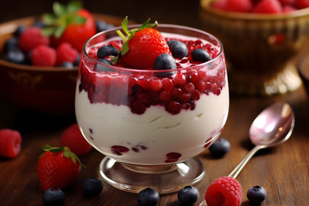 Yogurt with fresh berries in a glass bowlの素材