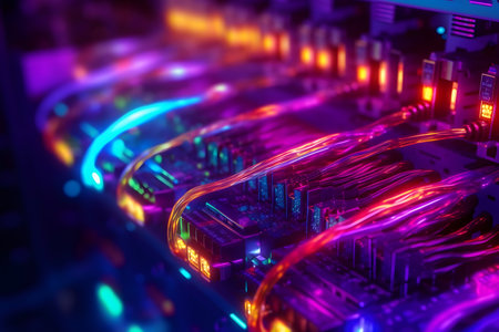 Fiber Optic cables connected to an optic ports in data centerの素材